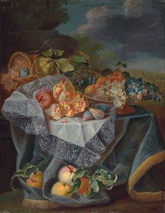 Grapes, Pears, and an Apple on a Glass Vessel, Pomegranates and a Woven Basket with Fruit on a Draped Table, and a Park Landscape Beyond