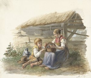 Girl and Boy with a Basket of Young Birds by Maximilienne Guyon