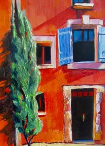 Red House Blue Shutters by Maxine Shore