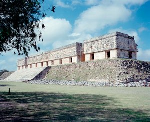 Precolombian civilization: view of the site of Uxmal ancient Maya capital, Puuc style. North Yucatan 600-900 AD: pyramid of the diviner. Mexico by Mayan