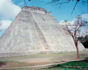 View of the upper temple on the site of Uxmal ancient Maya capital, Puuc style. North Yucatan 600-900 AD. Mexico