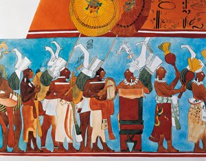 Reconstruction of the Bonampak frescoes showing a procession of musicians by Mayan