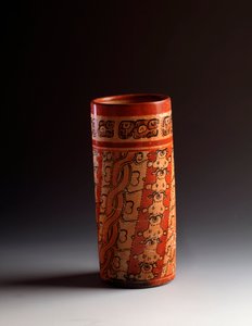 Polychrome Cylindrical Clay Vase. From Tikal