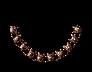 Pre-Columbian Art, Maya Civilization, Postclassical Period: Gold Necklace Composed of Elements in the Shape of Jaguar Heads. 600-1100 AD from Iximche, Chimaltenango, Guatemala by Mayan Mayan