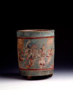 Pre-Columbian Art, Mayan Civilization, Classical Period: Cylindrical Vase in Polychrome Clay Decorated with a Ceremonial Scene with Characters in Procession. From La Lagunita, Quiche, Guatemala. Guatemala, Museo Nazionale di Archeologia by Mayan Mayan