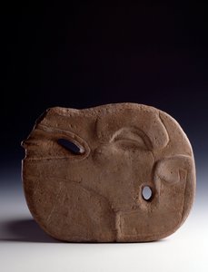 Precolombian art, Mayan civilization, classical period: zoomorphic axe in carved stone representing the head of a deer