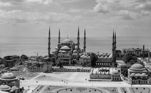 Aerial of The Blue Mosque in Istanbul aka Sultan Ahmed Mosque, an Ottoman-era historical site