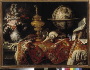 Vase of flowers, astral globe, books and goldwork on a carpet by Meiffren (c.1630 1705) Conte