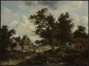A Wooded Landscape with Travelers on a Path through a Hamlet by Meindert Hobbema