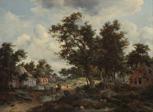 A Wooded Landscape with Travelers on a Path through a Hamlet by Meindert Hobbema
