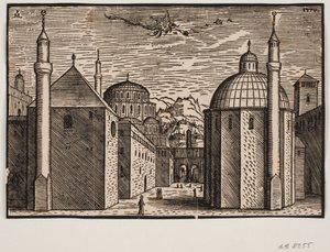 Three Mosques, Each with One Minaret; in the Sky a Flying Dragon with a Long Tail by Melchior Lorck