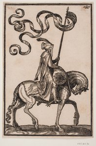Mounted Standard Bearer, Profile to the Right; the Standard is Two-Pronged, the Rider Unarmed, with a Sausage-Shaped Baggage Sack on the Horse in Front of Him by Melchior Lorck