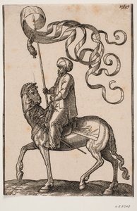 Mounted standard-bearer, profile to the left; the standard is three-pointed and a feather is hung under it; his sword placed between his left leg and the horse