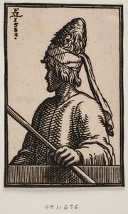 Bust of a Young Man with Pointed Hat Made of Leather, Holding a Staff in His Left Hand, Extended Over the Parapet; Shown in 3/4 Profile from the Man