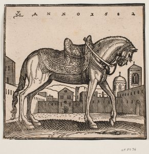Elegant Saddled Horse, Profile to the Right, on a Rectangular Square by Melchior Lorck