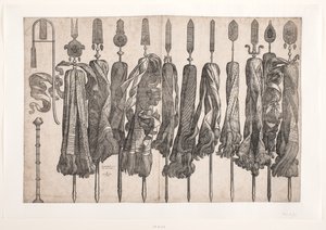 Eleven Religious Standards and Two (presumably) Wind Instruments by Melchior Lorck