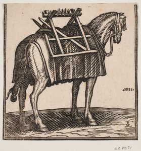 A yet unloaded packhorse with a carrying frame on its back, seen obliquely from behind to the right by Melchior Lorck