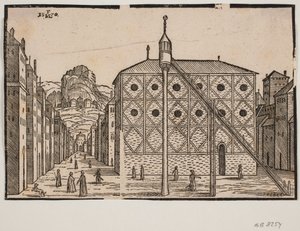 Street with Mosque and Freestanding Minaret in the Foreground by Melchior Lorck