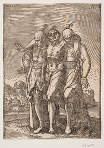 Half-clothed Man with a Pigtail at the Back of His Head; He Supports Himself by Having His Arms Around the Necks of Two Other Men; Also with Pigtails at the Backs of Their Heads