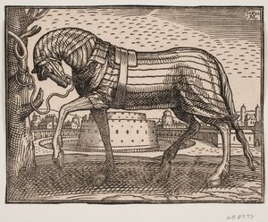 Horse Covered with Caparison, Profile to the Left, Tethered to a Tree; in the Background a Town with a Conical Castle in a Circular Moat by Melchior Lorck