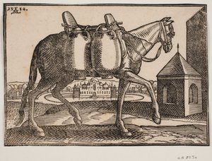 Horse, profile view; on its visible side hang two ceramic containers; in front of the horse a square well with a pointed roof, behind the horse a castle with battlements and domes, surrounded by a circular, water-filled moat