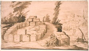 Landscape with a Stone Circle and an Old Woman with a Child by Melchior Lorck