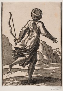 Running Messenger, Seen from Behind, in a Rocky Landscape; in the Left Hand a Bow, a Bundle of Arrows Stuck in the Belt, a Case over the Shoulder by Melchior Lorck