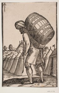 Man Carrying a Barrel on His Back in a Tent Camp by Melchior Lorck