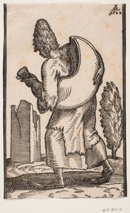 Man Walking to the Left, Seen from Behind; Carrying a Leather Water Bag on His Back by Melchior Lorck