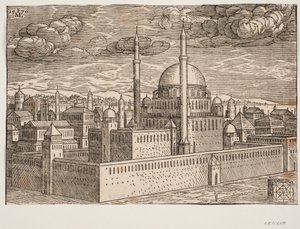 Mosque, with Two Minarets, as Seen from the Northwest; on the Other Side of the Water, Galata Can Be Seen by Melchior Lorck