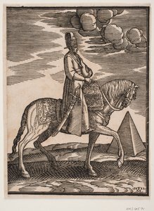 Rider with a Flask Around His Neck, Profile Towards the Right; a Sword at His Right Side and Baggage in Front of Him, Draped Across the Saddle; to the Right, in the Background, a Pyramid by Melchior Lorck