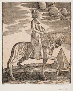 Rider with a Flask Around His Neck, Profile Towards the Right; a Sword at His Right Side and Baggage in Front of Him, Draped Across the Saddle; to the Right, in the Background, a Pyramid by Melchior Lorck