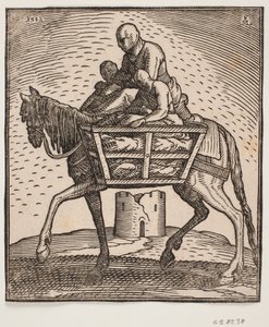 Rider with Hood Pulled Down Over Face; On Each Side of the Horse a Grate Box Containing a Person; Profile to the Left; Under the Horse a Ruined Cylindrical Tower by Melchior Lorck