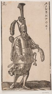 Standing Soldier, Turned to the Right; Headdress with Very High Upright Plume; in the Left Hand, a Bow with Large Feathers on Both Ends; in the Right Hand, an Arrow; on His Back, a Quiver and at His Side, a Sword by Melchior Lorck