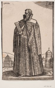 Standing ambassador in European (Venetian?) costume, 3/4 profile to the left; holding a letter case in his right hand