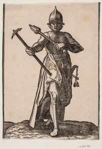 Standing Helmeted Soldier, Front View; in Right Hand a War Hammer, in Left Hand a Club, Rear Leg and Foot Twisted in Relation to the Front; at Left Side a Sword by Melchior Lorck
