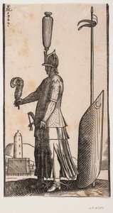 Standing Helmeted Soldier, Profile to the Left, Holding a Feather in His Outstretched Hand; Behind Him a Shield Decorated with a Crescent Moon is Supported by a Lance Stuck in the Ground by Melchior Lorck