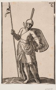 Standing Soldier, Front View; Headgear with High, Thin Top; in Right Hand a Spear, on Left Arm a Shield, Seen from Inside