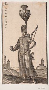 Standing Soldier, Front View, Head Turned to the Right; He Carries a Bow Over His Left Arm, a Quiver on His Back, and a Sword at His Left Side; He Coyly Stretches His Right Arm Backwards; in the Background to the Right and Left Two Fortress-Like Buildings by Melchior Lorck