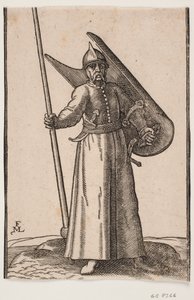 Standing Soldier with Helmet; in Right Hand a Lance, Top Outside Upper Frame Line; on Left Arm a Curved Shield, Seen from Inside; in Belt under Right Arm a Curved Dagger, at Left Side a Sword