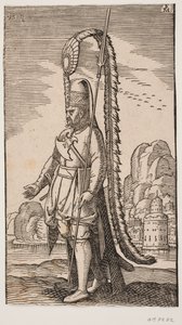 Standing Soldier by a Rocky Coast, Beyond the Water a City; His Headgear Adorned with an Extremely Long Feather Decoration by Melchior Lorck