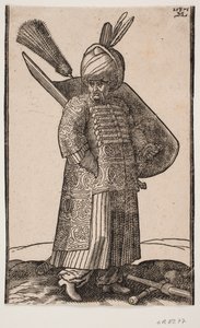 Standing Potbellied Soldier, with Right Hand in Pocket, Facing Right; Two Feathers in Turban; Sword at Left Side, Shield with Feather Plume on Left Arm; Club and Lance Crossed on the Ground in Front of Him by Melchior Lorck