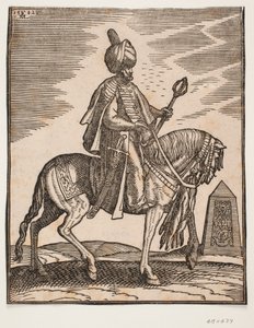 Turban-clad Rider with a Sword at His Right Side and a War-club in His Left Hand, Profile Towards the Right; in the Background, an Obelisk by Melchior Lorck