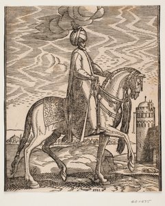 Turban-clad rider, with club hanging at the horse