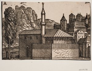 Unidentified Mosque with One Minaret, Tall Tree to the Left by Melchior Lorck