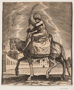 Unarmed Rider on a Carrier Horse, Seen in Profile Towards the Left, Situated on an Open Semi-Circular Plaza; He is Mounted on Top of a Sack and Holds a Raised Switch in His Hand by Melchior Lorck
