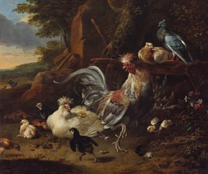 Rooster, Hens and Other Fowl in a Yard by Melchior d