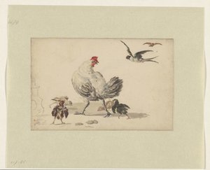Two Swallows and a Hen with Four Chicks by Melchior d