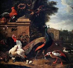 A Peacock, a Hawk and Various Fowl and Ducks in a Park by Melchior de Hondecoeter