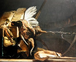 A Still Life of a Dead Pheasant hanging from a Hook by Melchior de Hondecoeter